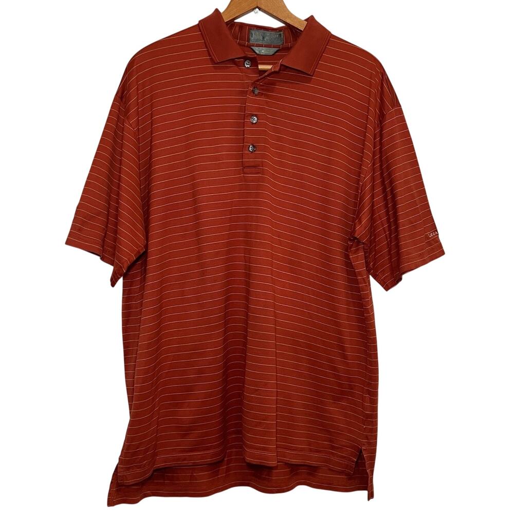 Descente Polo Short Men's Size L Burnt Orange Striped Sleeve Preppy Logo Golf